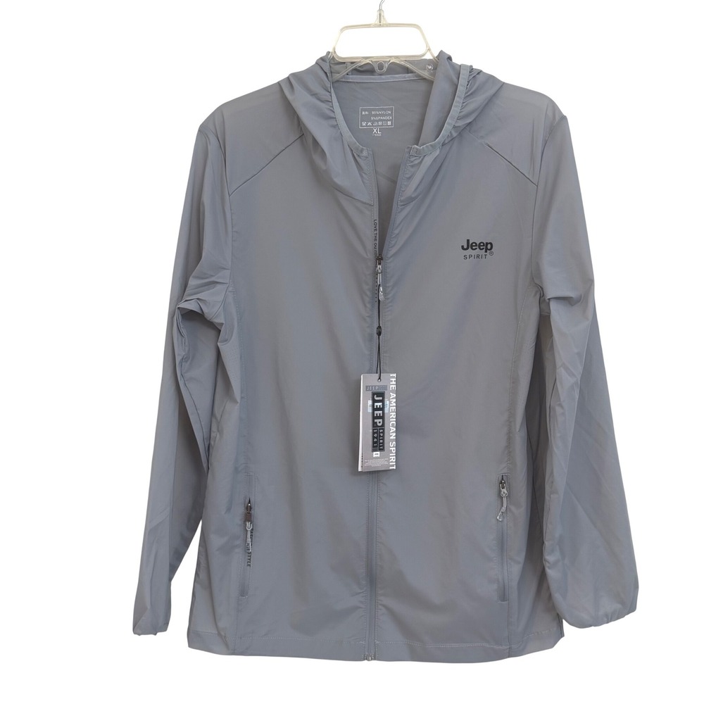 Jeep Spirit Mens Gray Lightweight Hooded Windbreaker Jacket XL Full Zip Outdoor
